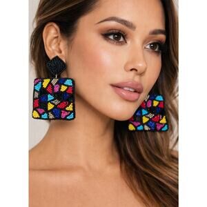 Kay Lee Black Colorful Mosaic Beaded Earrings New
